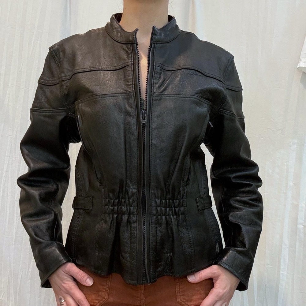 Black Leather Motorcycle Rider Jacket Vintage 90s Leather King Biker Babe‎